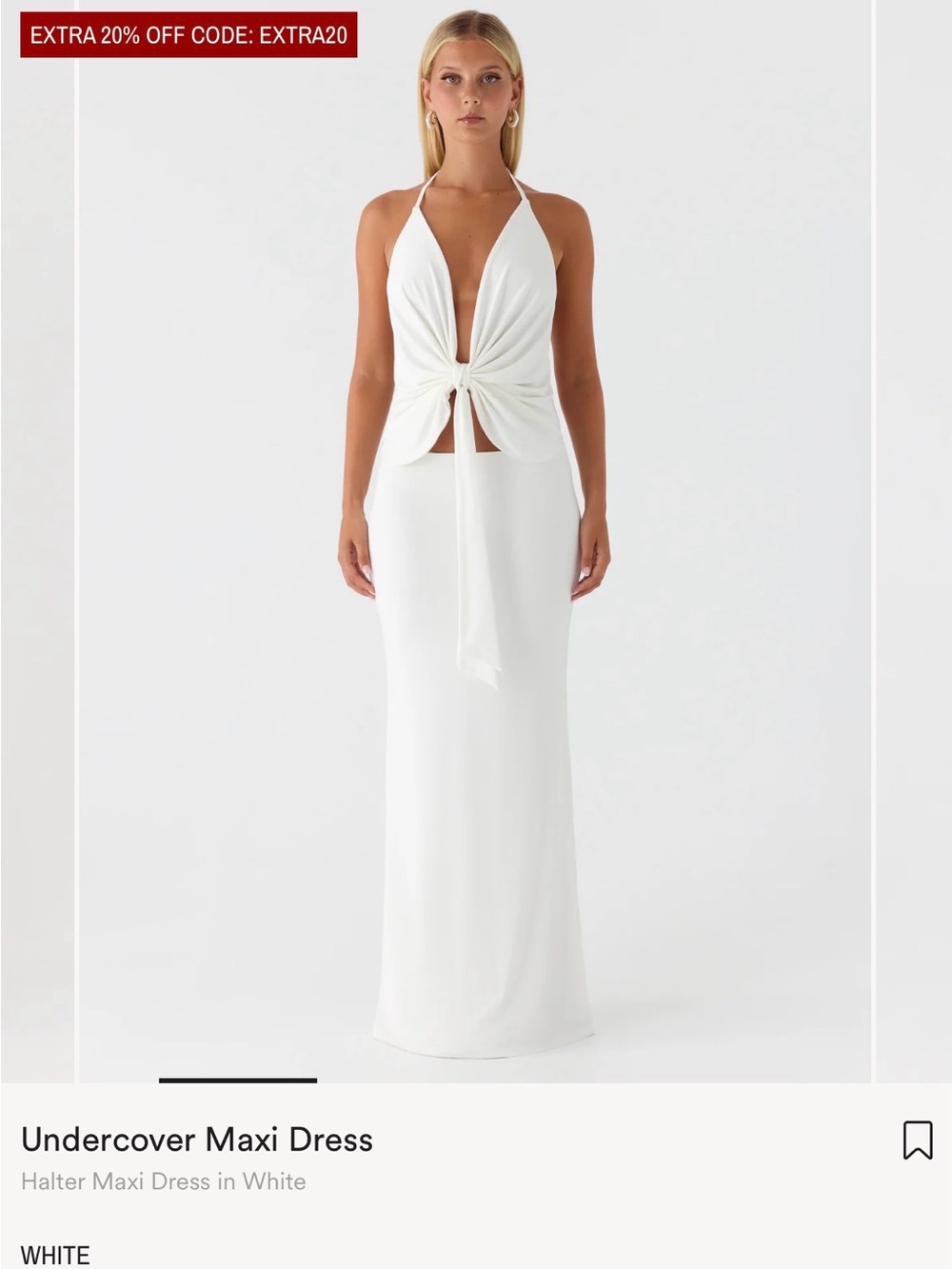 Peppermayo White Halter Knot-Front Maxi Dress